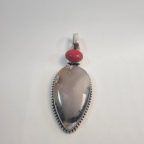 Necklace Pendants Dendritic Agate Red Coral Handmade Jewelry in Silver Setting - Picture 2 of 10